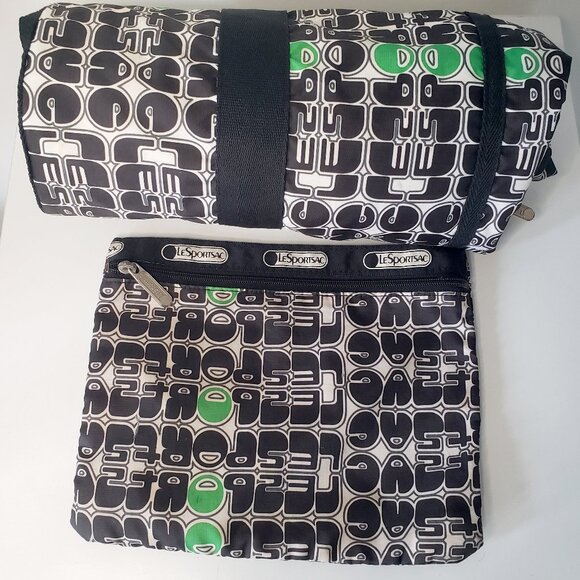 Le Sport Sac Green White Black Weekender Duffle Bag Suitcase + Makeup Tote - Picture 4 of 13